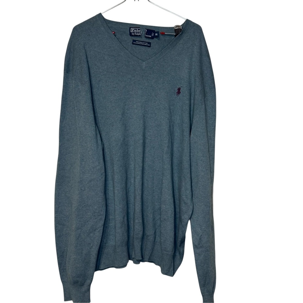 Polo Ralph Lauren Mens Sweater Knit V-Neck Pima Cotton Long Sleeve Blue Gray XXL